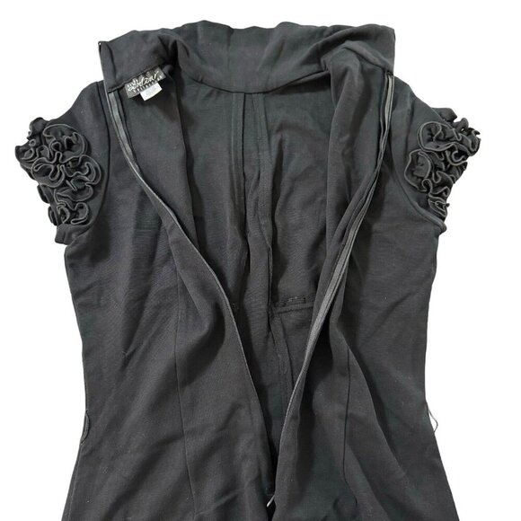 VTG Y2K Cache Contour Fitted Dress Ruffle Short Sleeve Turtleneck Knee Length 12 - Picture 11 of 16